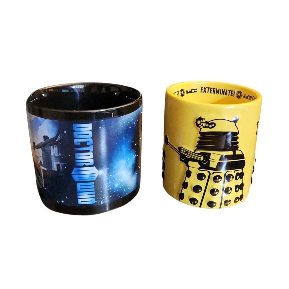 Lot of 2 Dr. Who Coffe Mugs Black Disappearing Tardis & Yellow The Daleks